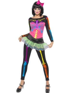 Aanbieding Neon Skeletten Dames Halloween Kostuum